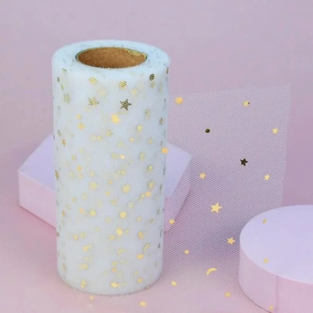 3 Rolls White Mesh Tulle Wide Ribbon with Gold Moons & Stars